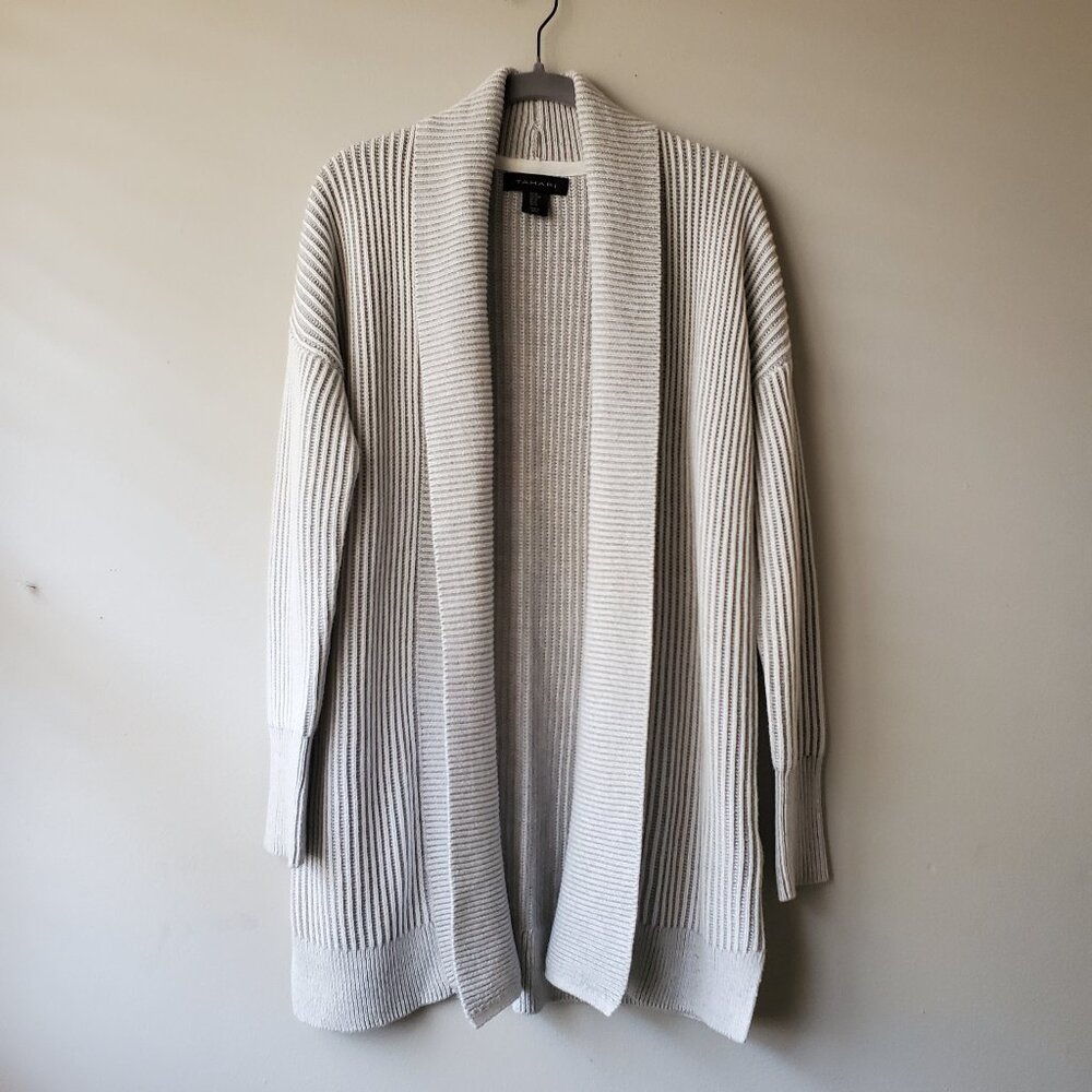 Tahari Gray Ribbed Open Front Cardigan M Cotton Blend Relaxed Fit Sweater - Picture 1 of 6